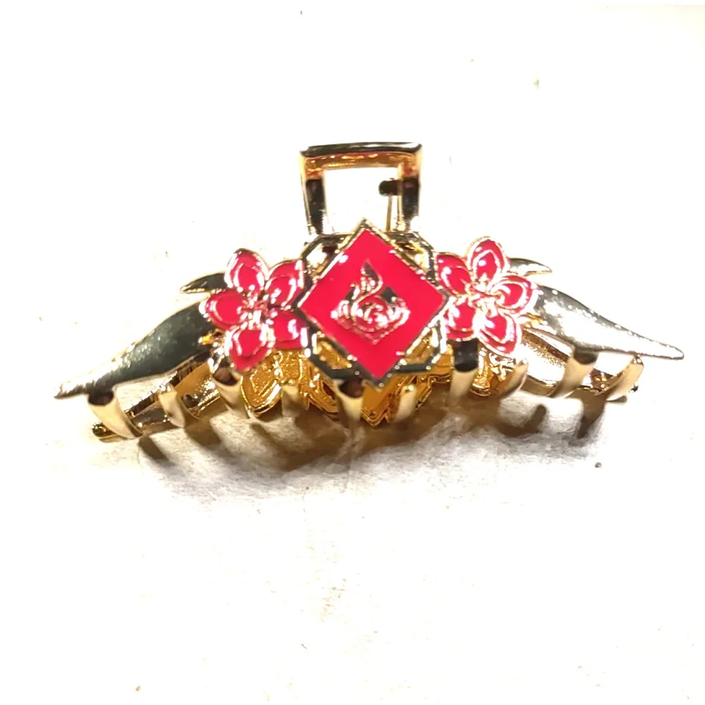 Hair Barrette Clip Claw Red Gold Tone Asian Design